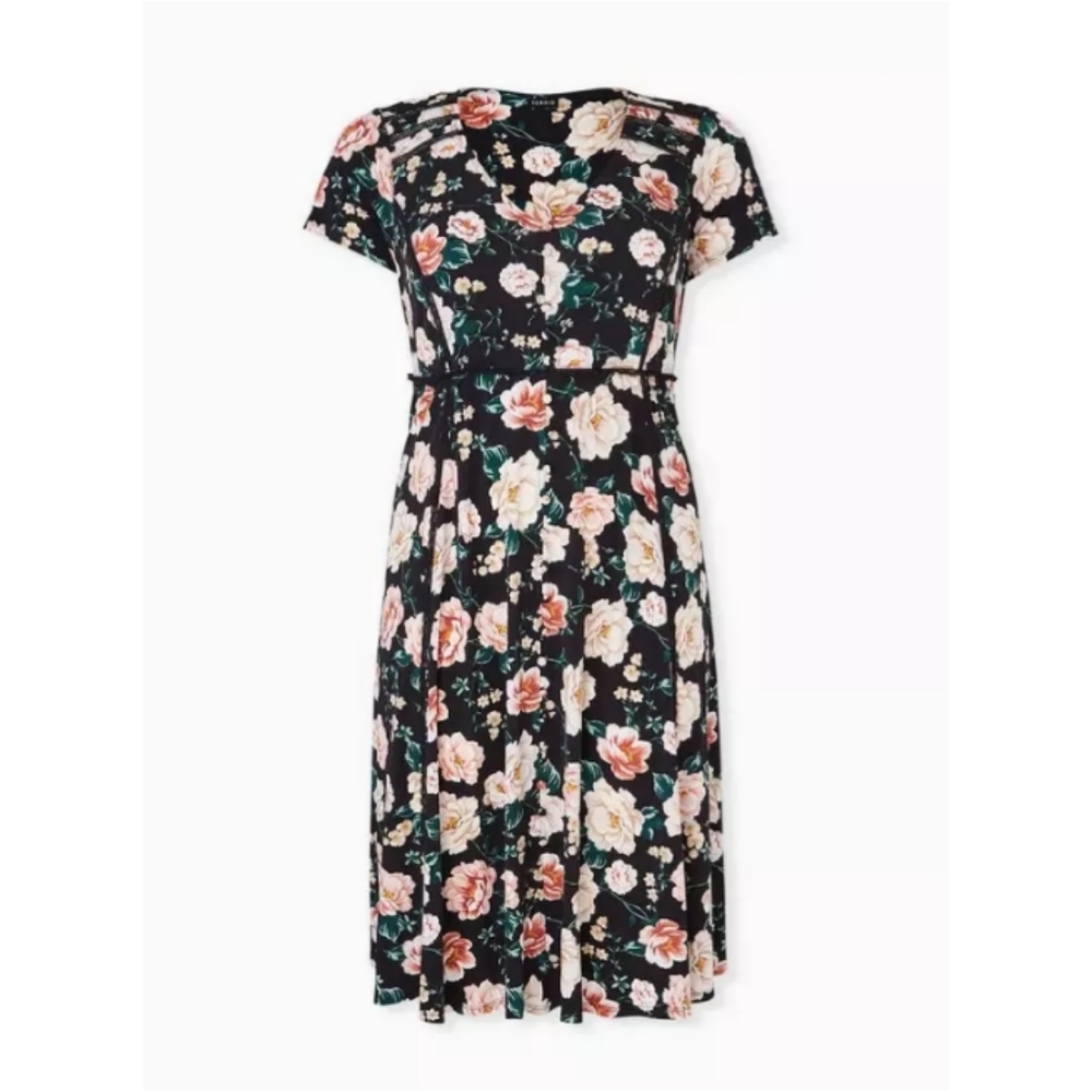 Torrid || Black Studio Knit Floral Button-Front Midi Skater Dress